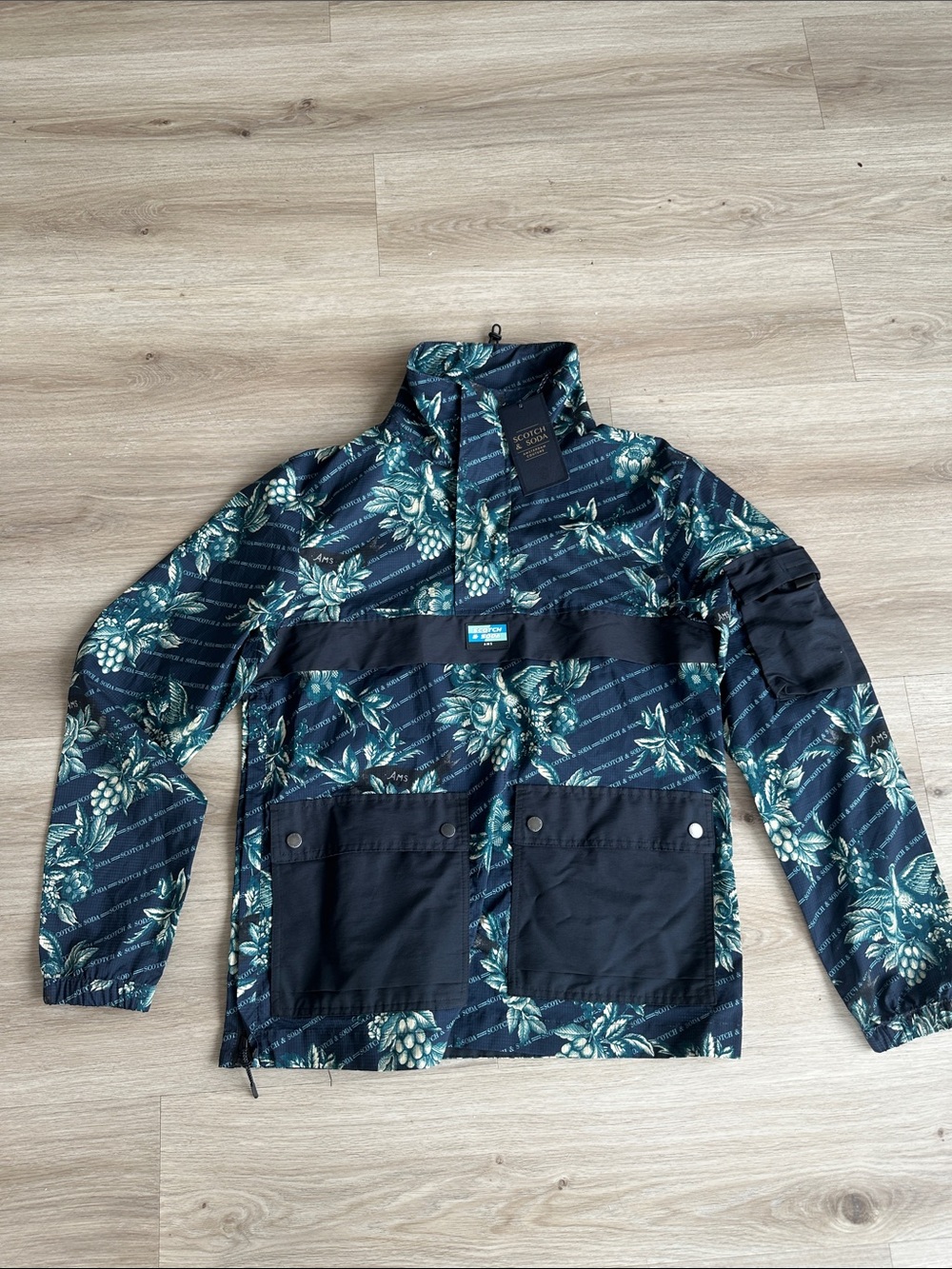 Scotch & Soda Navy Jacket with Teal Floral Print and Black Tag